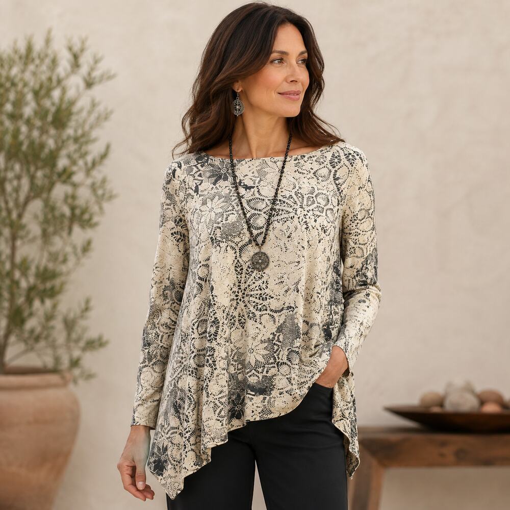 Peruvian Connection SZ M/L Boat-Neck Long Sleeve Pima Cotton Blend Swing Top